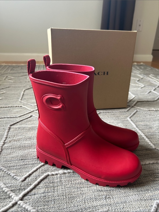 Coach Shoes - Coach Ryder Mid-Calf Ruby Red Rain Boots with Embossed C